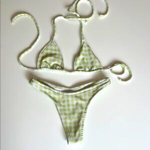Women’s Green Gingham Textured Triangle Bikini - Classic Tie String Set